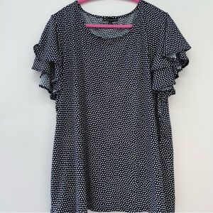 Women's 3X Adrianna Papell Pullover Navy & White Dot Ruffle Blouse Flare Sleeve